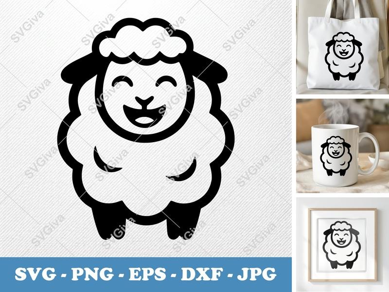 Sheep SVG, Happy Lamb Cut File, Modern Farm Animal Clipart, Cute Sheep PNG EPS DXF for Cricut & Silhouette
