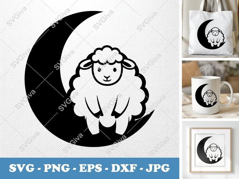 Sheep SVG on Moon, Crescent Moon Lamb Cut File for Cricut, Silhouette | Farm Animal PNG, EPS, DXF | Nursery Decor