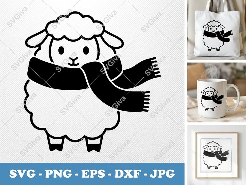 Sheep SVG, Scarf Sheep SVG, Cute Lamb Cut File, Modern Farm Animal Clipart, PNG EPS DXF for Cricut, Silhouette