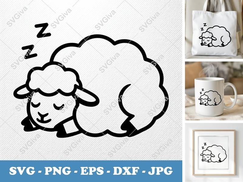 Sheep SVG, Sleeping Lamb Cut File, Cute Farm Animal, Nursery Decor | PNG EPS DXF for Cricut, Silhouette, Vinyl Decal