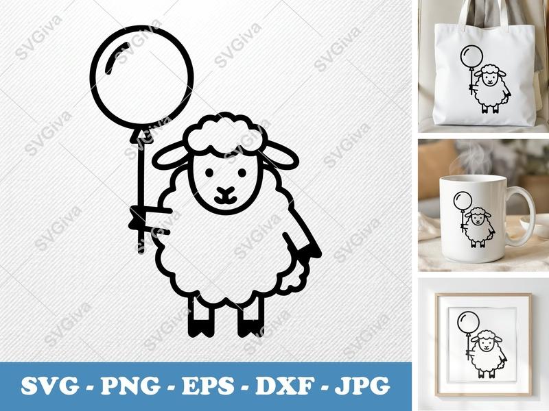 Sheep SVG with Balloon | Cartoon Animal Cut File | PNG EPS DXF for Cricut, Silhouette | Modern Farm Clipart