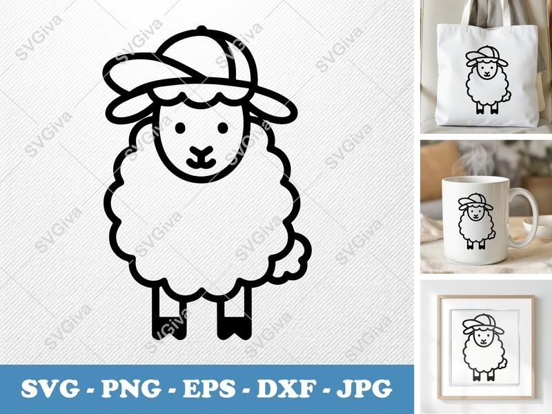 Sheep SVG with Baseball Cap | Modern Farm Animal Outline | PNG EPS DXF for Cricut & Silhouette | Cute Lamb Clipart Design