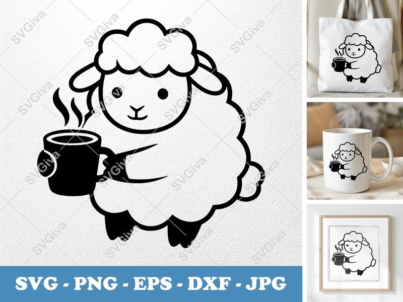 Sheep SVG with Coffee Mug | Cozy Farm Animal Cut File, PNG, EPS, DXF for Cricut & Silhouette, Modern Design