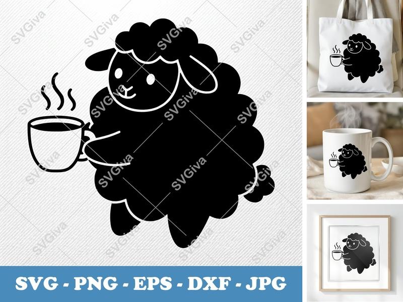 Sheep SVG with Coffee Mug, Modern Farm Animal Clipart | PNG EPS DXF for Cricut, Silhouette, Digital Download