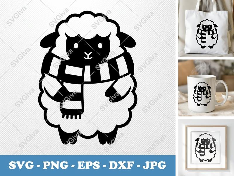 Sheep Wearing a Scarf SVG | Puffy Cartoon Lamb Cut File | Inflated Pillow Soft Shapes | PNG DXF EPS for Cricut Silhouette
