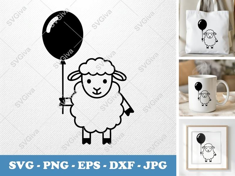 Sheep with Balloon SVG | Cute Lamb Cut File | PNG EPS DXF for Cricut & Silhouette | Farm Animal