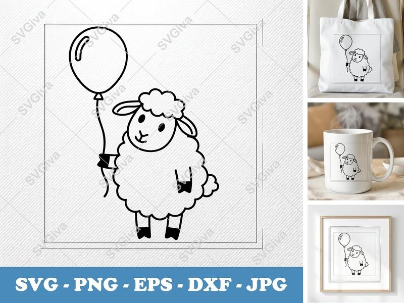 Sheep with Balloon SVG | Cute Lamb Outline Clipart | Farm Animal PNG EPS DXF for Cricut, Silhouette, Digital Download