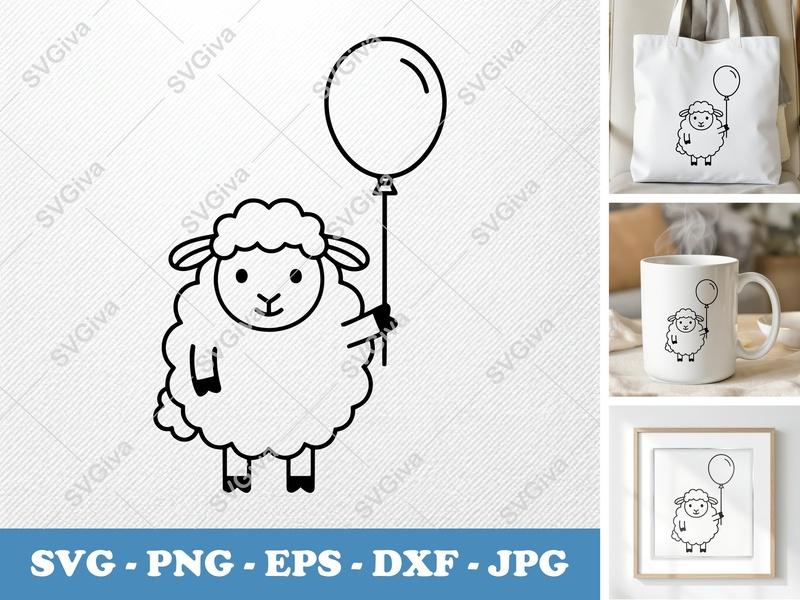 Sheep with Balloon SVG | Minimalist Bold Contour | PNG DXF EPS | Cricut Silhouette Cut File