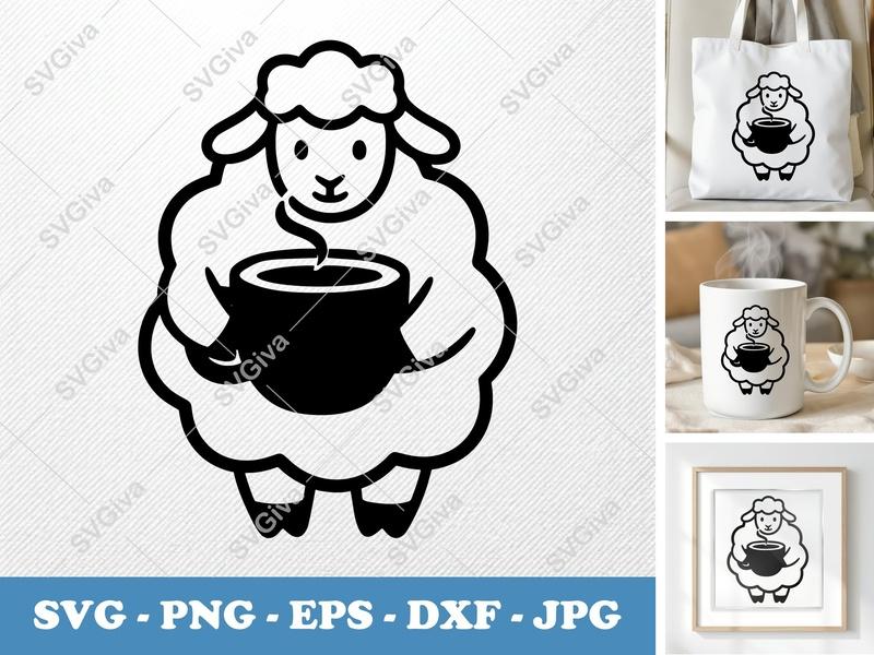 Sheep with Coffee Cup SVG | Puffy Shapes, Inflated Forms | PNG DXF EPS | Cricut Silhouette File