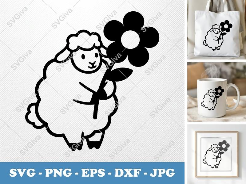 Sheep with Flower SVG | Puffy Cartoon Lamb | Inflated Shapes PNG DXF EPS | Cricut Silhouette File