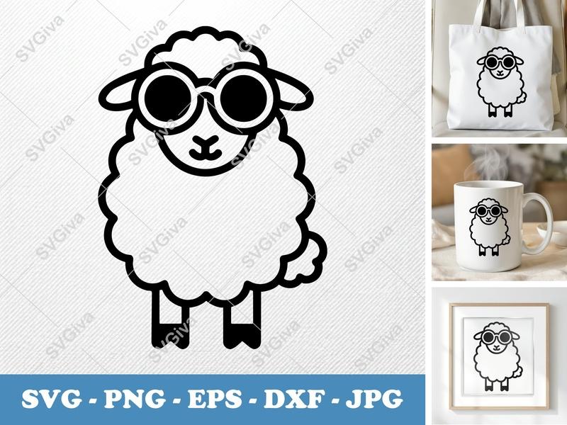 Sheep with Glasses SVG, Cute Lamb Cut File, Farm Animal Clipart, PNG EPS DXF for Cricut & Silhouette