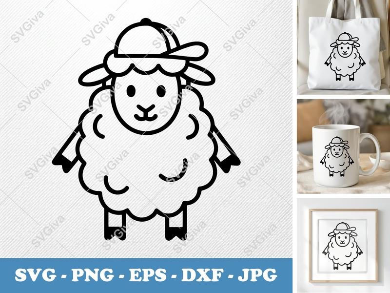 Sheep with Hat SVG, Modern Farm Animal PNG, EPS, DXF Cut File for Cricut & Silhouette, Cute Lamb Clipart