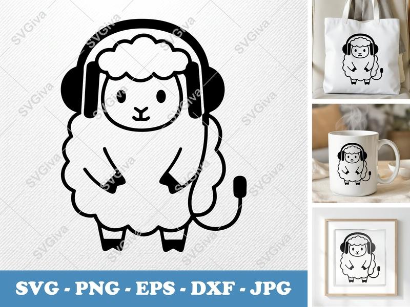 Sheep with Headphones SVG | Modern Clean Lamb Cut File | PNG EPS DXF for Cricut, Silhouette | Cute Music Animal Clipart