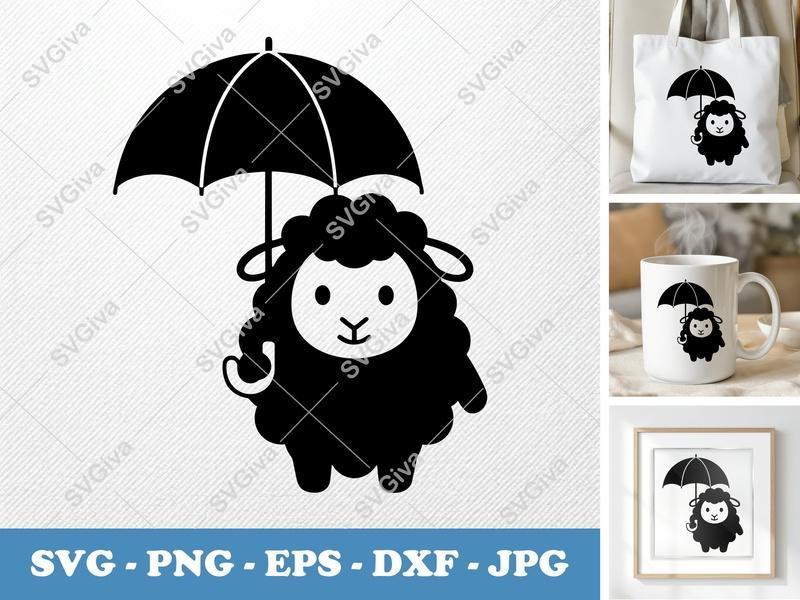 Sheep with Umbrella SVG, Cute Lamb Clipart, Farm Animal Vector | PNG EPS DXF for Cricut, Silhouette