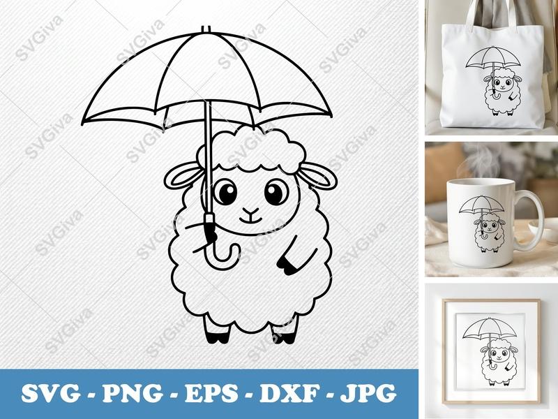 Sheep with Umbrella SVG, Cute Lamb Clipart, Modern Farm Animal PNG EPS DXF for Cricut, Silhouette, Baby Shower Decor, Nursery Art