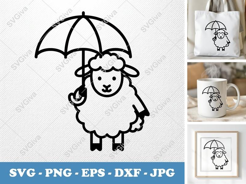 Sheep with Umbrella SVG, Outline Lamb Clipart, Farm Animal PNG, EPS, DXF, Cricut Silhouette Cut File, Modern Design