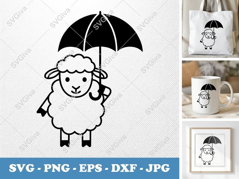 Sheep with Umbrella SVG, PNG, EPS, DXF | Cute Lamb Cut File for Cricut & Silhouette | Modern Farm Animal Vector Clipart
