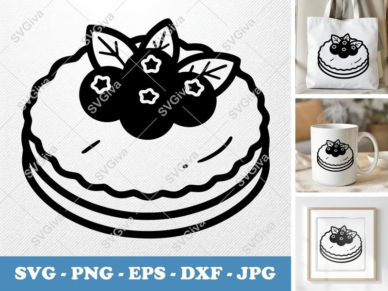 Shortbread SVG with Blueberries & Leaves | Modern Cake Cut File, PNG EPS DXF for Cricut, Silhouette