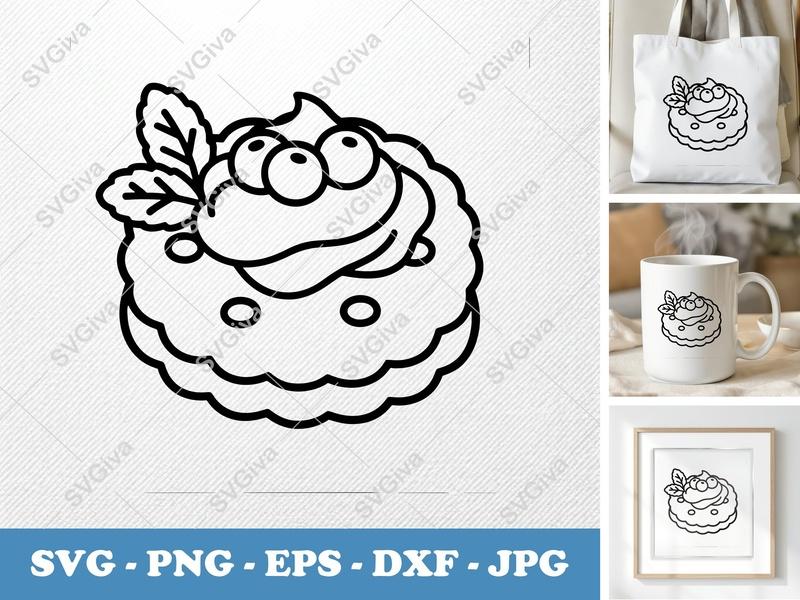 Shortbread SVG with Cream & Berries, Modern Dessert Outline | PNG EPS DXF | Cricut Silhouette Cut File
