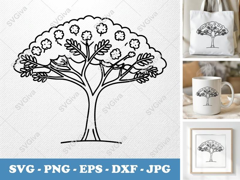 Silk Tree SVG | Modern Blossom Tree Outline PNG EPS DXF | Mimosa Tree Cut File for Cricut, Silhouette, Laser