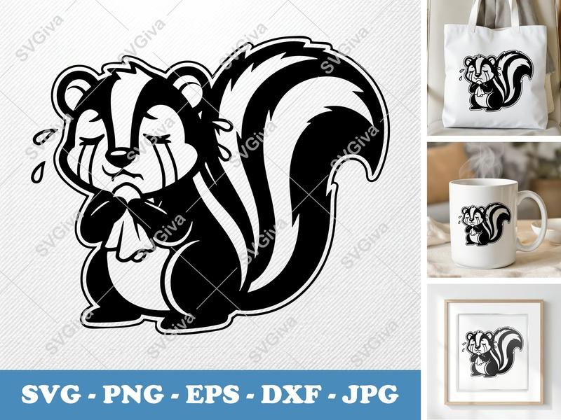 Skunk Crying SVG | Double-Outline Cartoon | Thick Contour Thin Lines | PNG DXF EPS | Cricut Silhouette File