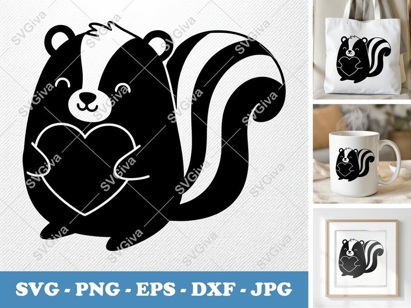 Skunk Holding Heart SVG | Friendly Rounded Bean-Shaped Design | PNG DXF EPS | Cricut Silhouette File
