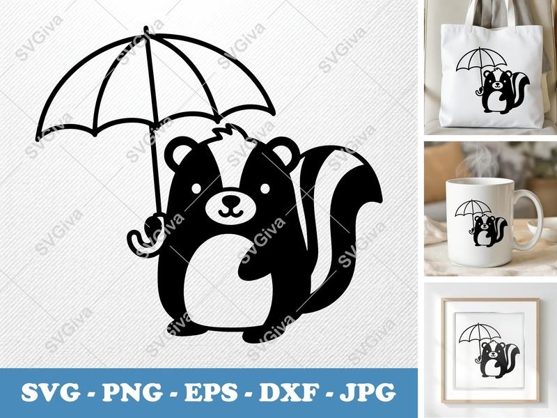 Skunk holding umbrella SVG | Cute Rounded Animal Design | Friendly Bean-Shaped Forms | PNG DXF EPS | Cricut Silhouette File