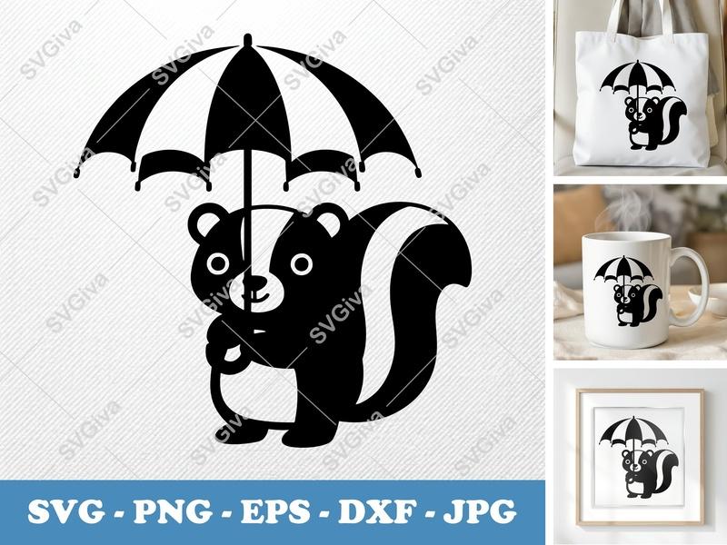 Skunk Holding Umbrella SVG | Puffy Pillow Soft Shapes | PNG DXF EPS | Cricut Silhouette File