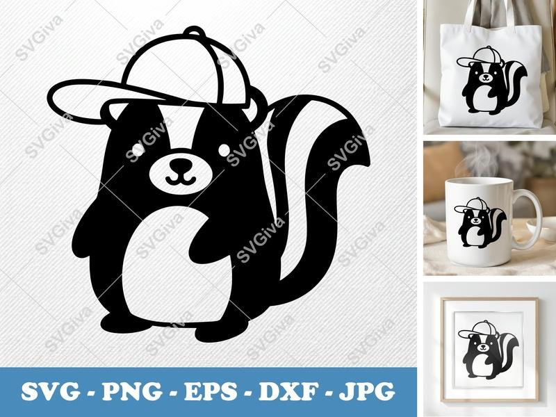 Skunk in a Cap SVG | Friendly Bean-Shaped Cut File | PNG DXF EPS for Cricut Silhouette
