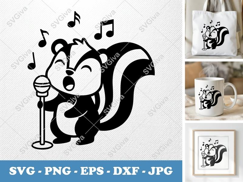 Skunk Singing SVG, Music Notes Clipart, Cute Animal Cut File | PNG EPS DXF for Cricut, Silhouette | Modern Skunk Design