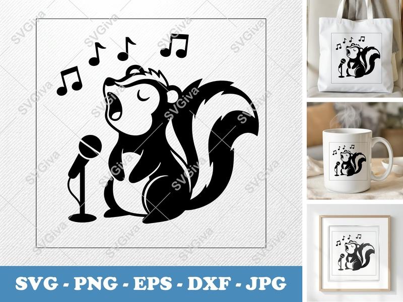 Skunk Singing SVG, Music Notes Mic Skunk, Animal Cut File, Skunk PNG EPS DXF for Cricut, Silhouette, Vector Clipart