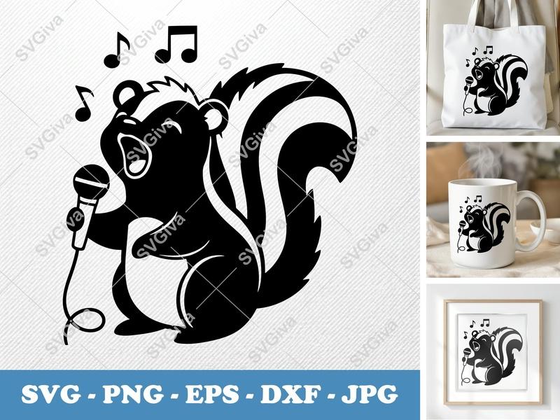 Skunk Singing SVG | Puffy Cartoon Critter Cut File | PNG DXF EPS for Cricut Silhouette