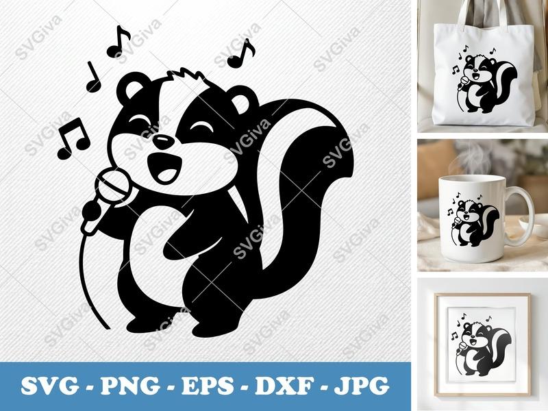 Skunk Singing SVG | Puffy Cartoon Skunk Design | Pillow Soft Cut File for Cricut, Silhouette | PNG, DXF, EPS