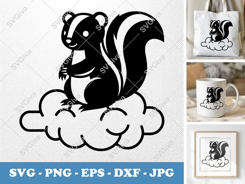Skunk Sitting on Cloud SVG | Minimalist Double-Outline Design | Thick Contour, Thin Lines | PNG DXF EPS for Cricut & Silhouette