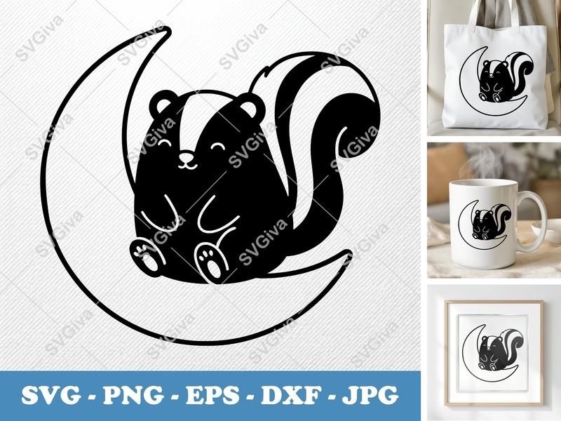 Skunk Sitting on Moon SVG | Puffy Soft Shapes Cut File | PNG DXF EPS for Cricut & Silhouette | Animal Vector Art