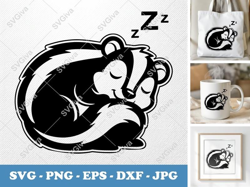 Skunk Sleeping SVG | Double-Outline Minimalist Design | PNG DXF EPS | Cricut Silhouette File