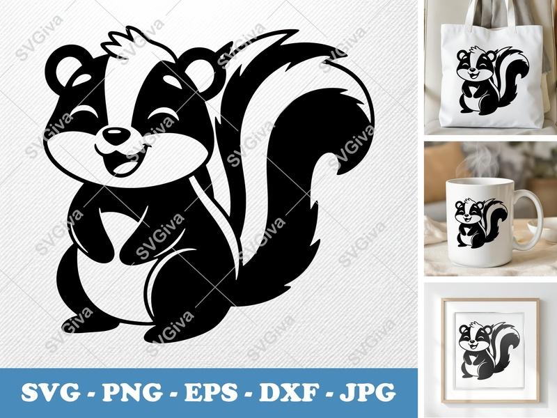 Skunk Smiling Happily SVG | Friendly Rounded Body Bean-Shaped Forms | PNG DXF EPS | Cricut Silhouette File