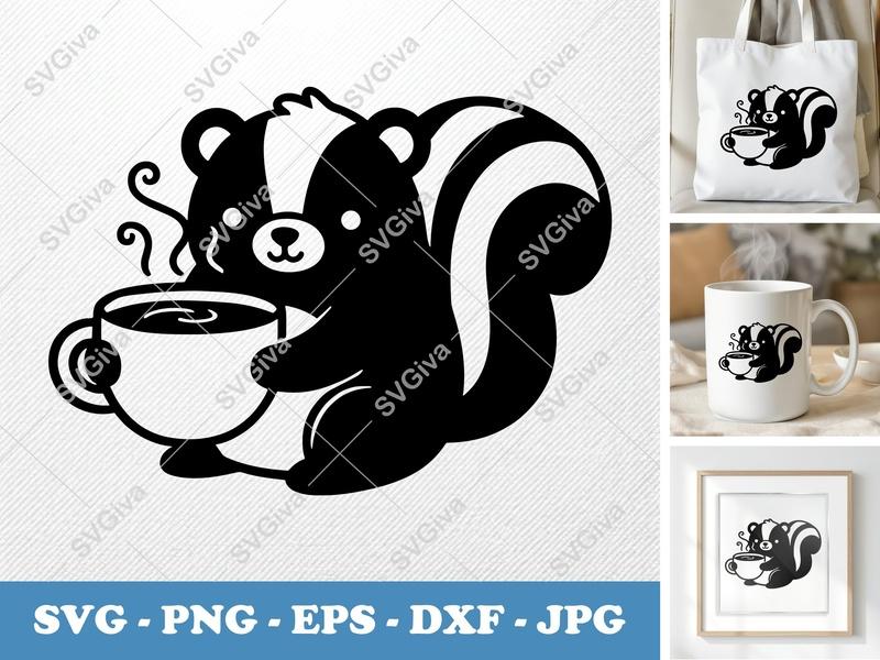 Skunk SVG | Coffee Lover Skunk Cut File | Cute Animal Design | PNG EPS DXF for Cricut & Silhouette | Modern Skunk Art