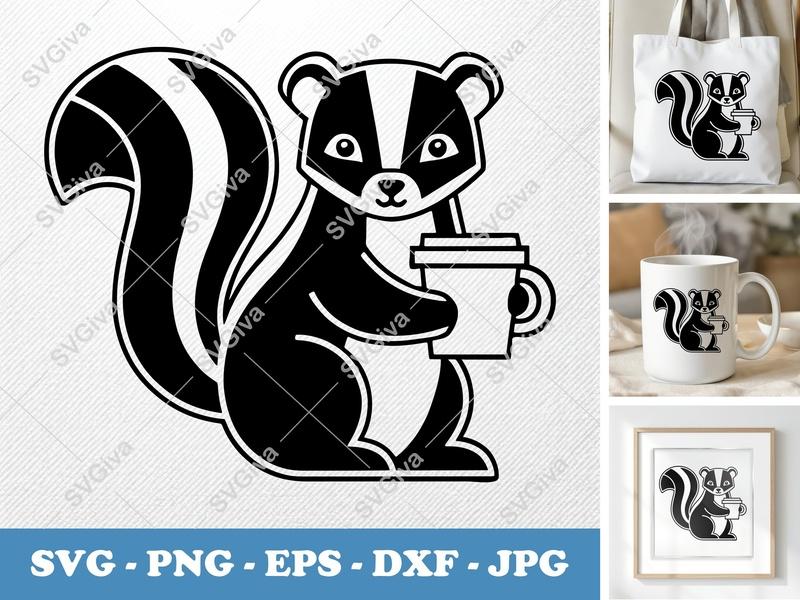 Skunk SVG, Coffee Lover Skunk Cut File, Modern Animal Clip Art, Skunk with Coffee Cup | PNG EPS DXF for Cricut Silhouette