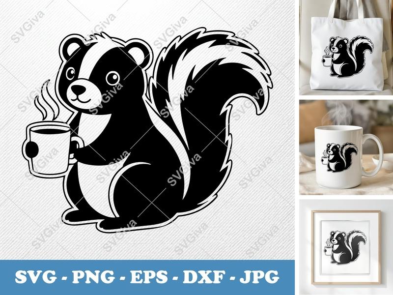 Skunk SVG, Coffee Skunk Cut File, Cute Animal Skunk PNG, EPS, DXF for Cricut & Silhouette, Modern Skunk Clipart