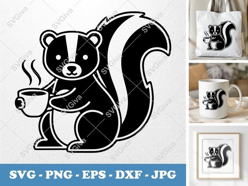 Skunk SVG | Coffee Skunk, Cute Animal Cut File, Modern Design | PNG, EPS, DXF for Cricut & Silhouette