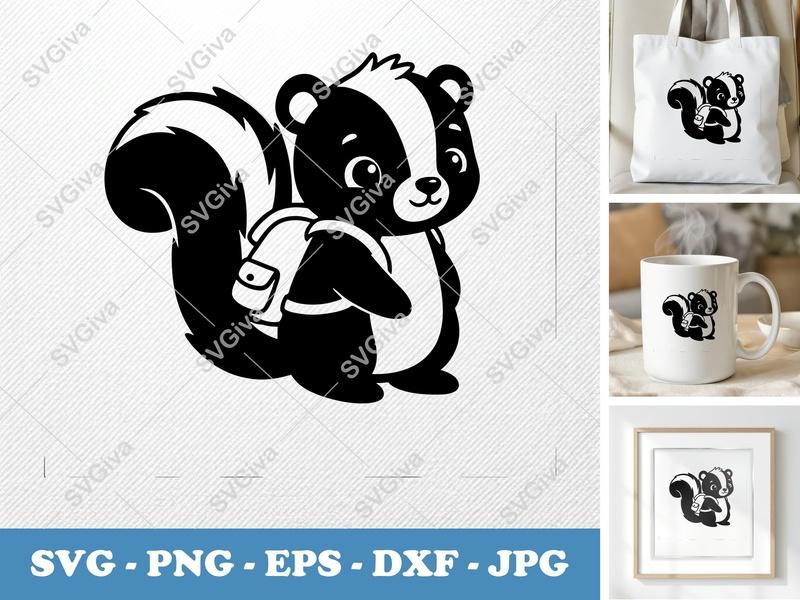 Skunk SVG Cut File, Cute Skunk with Backpack, Skunk Clipart, Animal Vector, Skunk PNG, EPS, DXF for Cricut & Silhouette