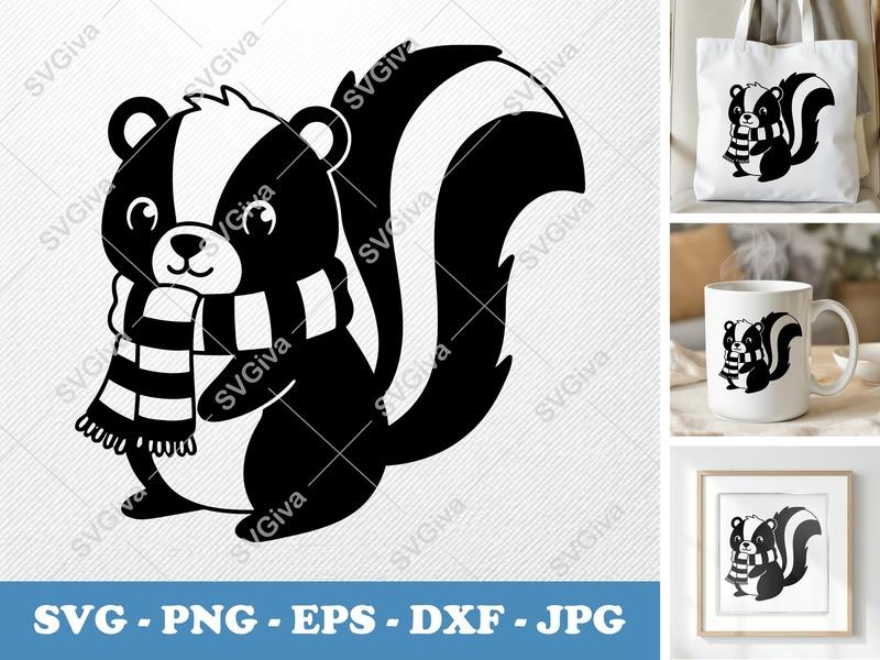 Skunk SVG | Cute Cartoon Animal with Scarf | Modern Clean Design | PNG EPS DXF | Cricut Silhouette Cut File