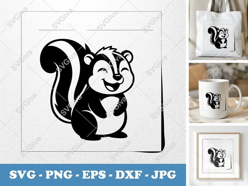 Skunk SVG | Cute Cartoon Skunk Cut File | Happy Animal PNG, EPS, DXF | Cricut & Silhouette Design