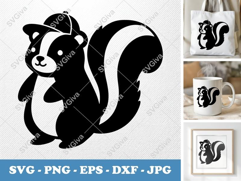 Skunk SVG | Cute Cartoon Skunk with Hat | Animal Clipart PNG EPS DXF | Cricut Silhouette File | Modern Skunk Design