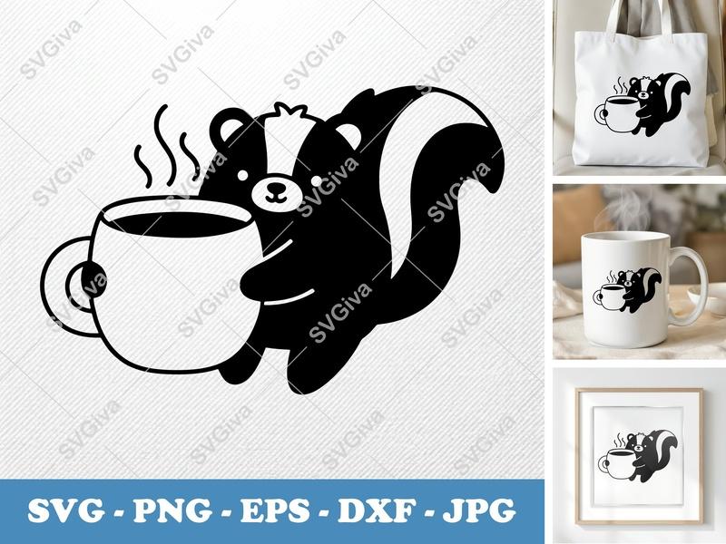 Skunk SVG, Cute Coffee Skunk, Modern Animal Clip Art, Skunk with Coffee Cup, PNG EPS DXF | Cricut Silhouette File