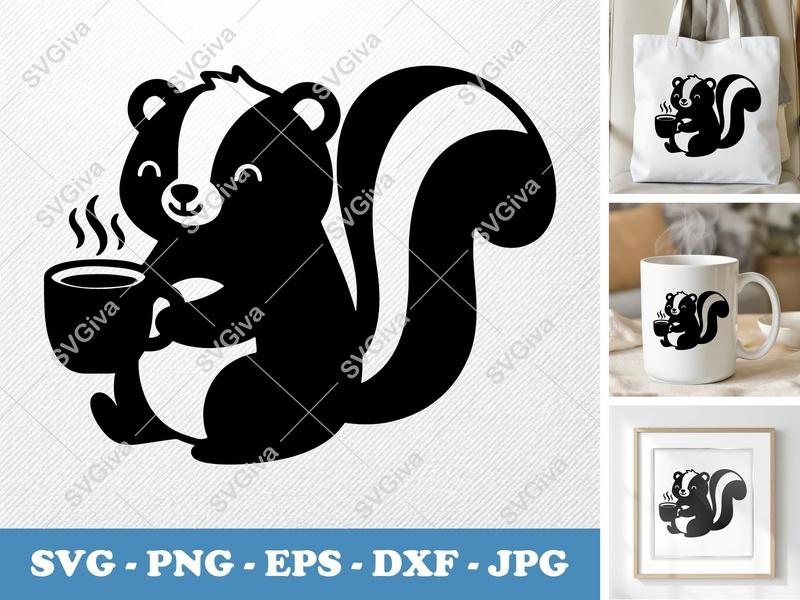 Skunk SVG | Cute Coffee Skunk, Modern Animal Cut File, PNG EPS DXF for Cricut, Silhouette, Skunk Lover Gift
