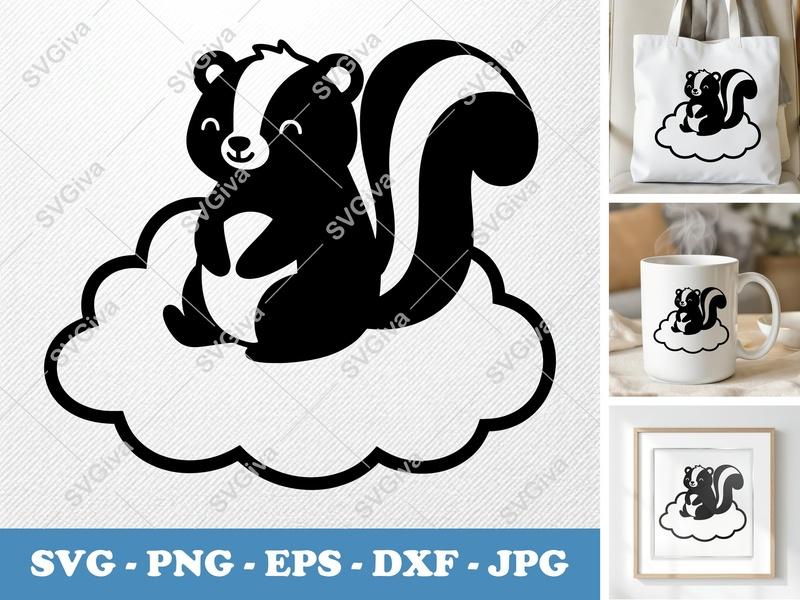 Skunk SVG | Cute Skunk on Cloud Cut File | Modern Animal Design for Cricut, Silhouette | PNG EPS DXF Vector Art