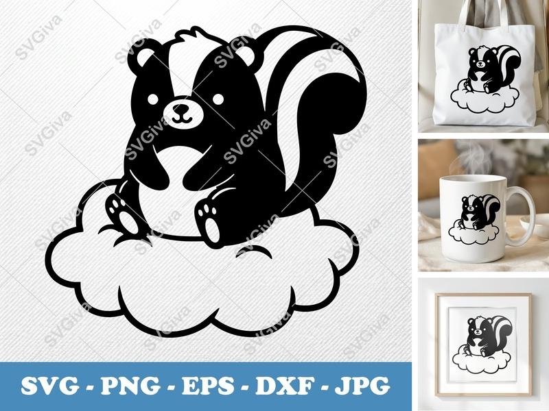 Skunk SVG | Cute Skunk on Cloud Cut File | Modern Animal Design | PNG EPS DXF for Cricut & Silhouette