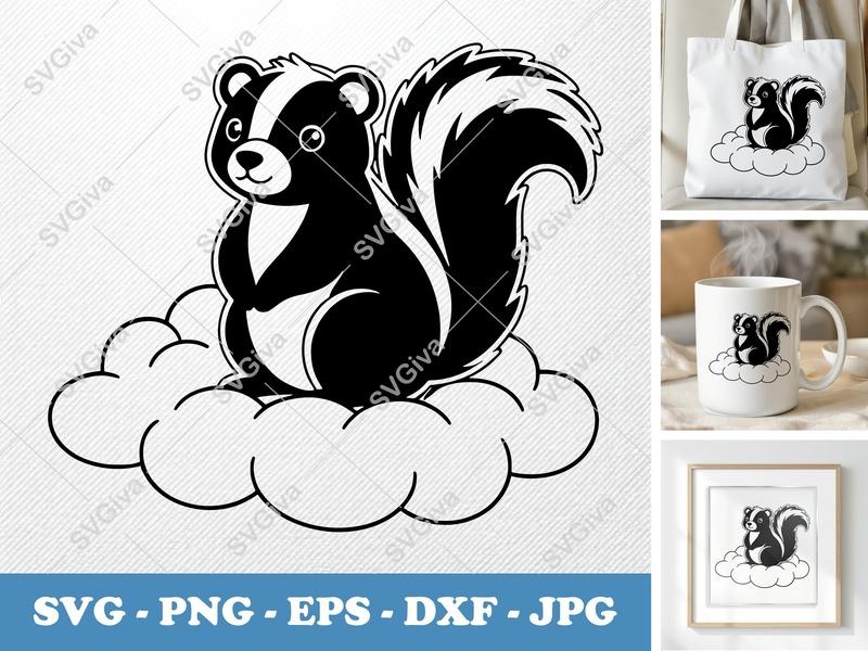 Skunk SVG, Cute Skunk on Clouds Cut File, Woodland Animal Vector, PNG, EPS, DXF for Cricut & Silhouette, Modern Forest Critter Clipart